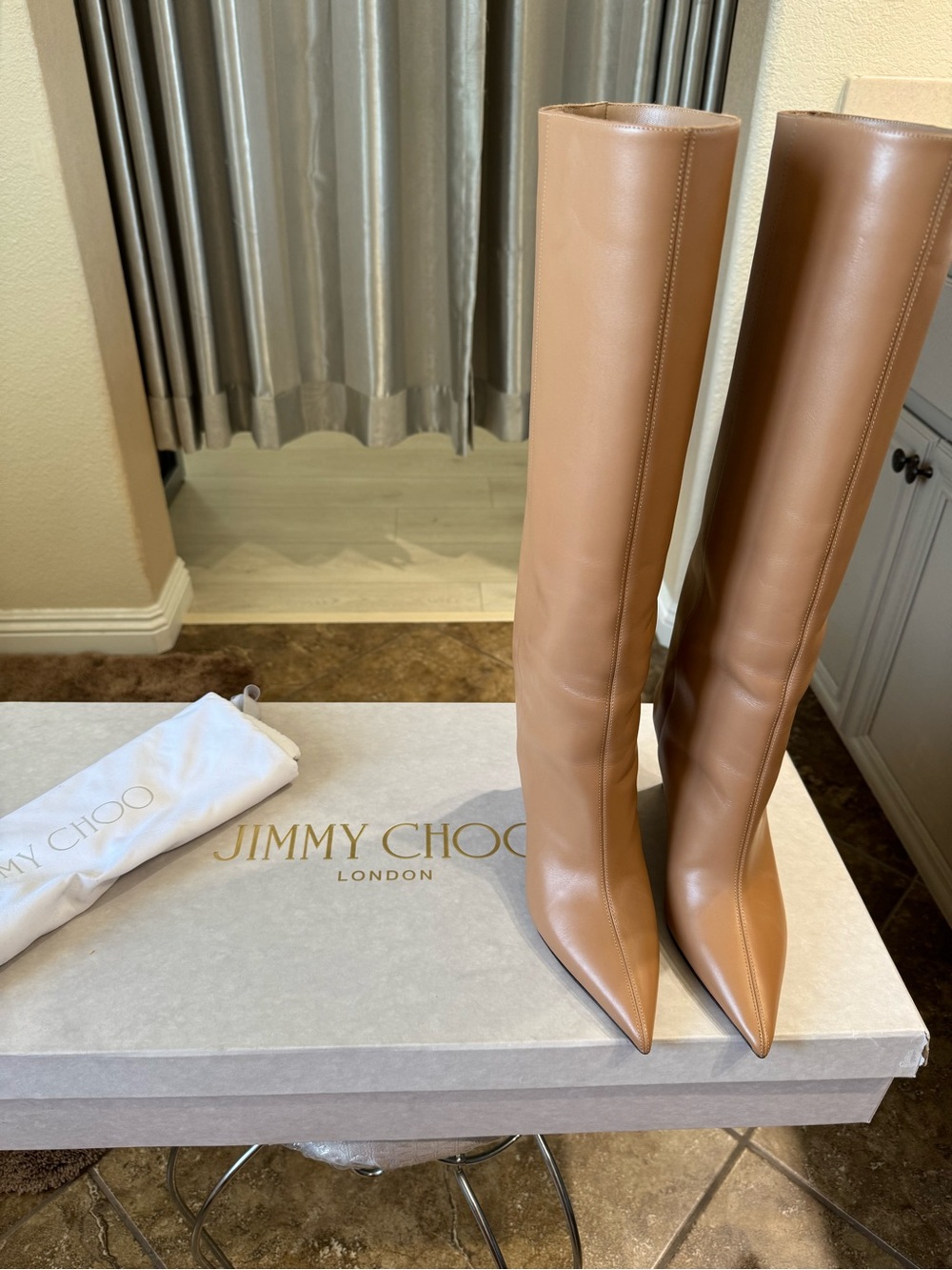 Jimmy Choo Tall Pointed-Toe Over-the-Knee Boots — Tan